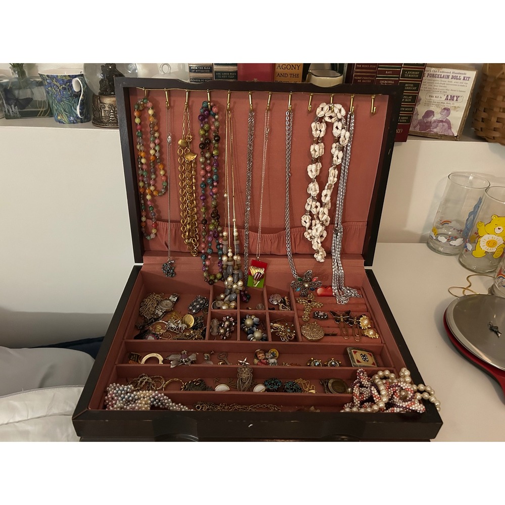 Vintage Costume Jewelry Lot with Wooden Box Necklaces Brooches Earrings Pearls
